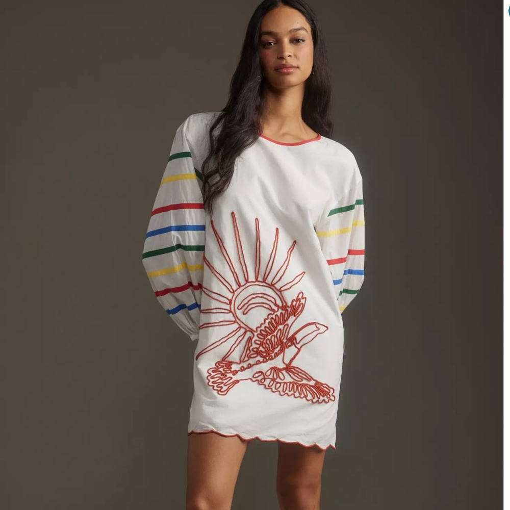 FARM Rio White Mini Dress with Multicolor Striped Sleeves and Red Embroidery